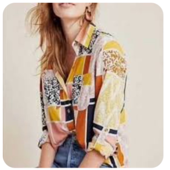 The Odells Tops - The Odells Lisse Button Down Shirt Size Large geometric Anthropologie Patchwork